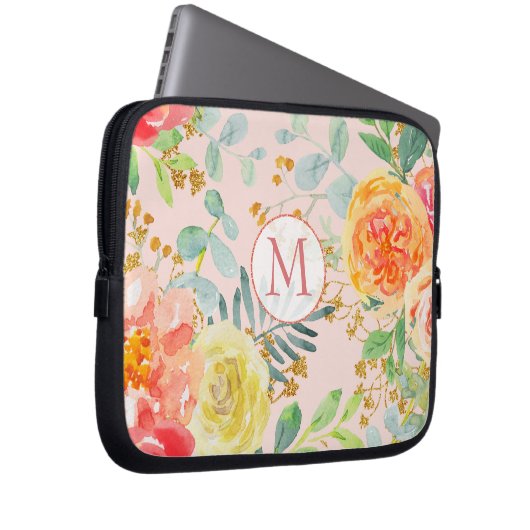 Eukalyptus-Glitzer Monogramm Laptopschutzhülle (Vorne Rechts)