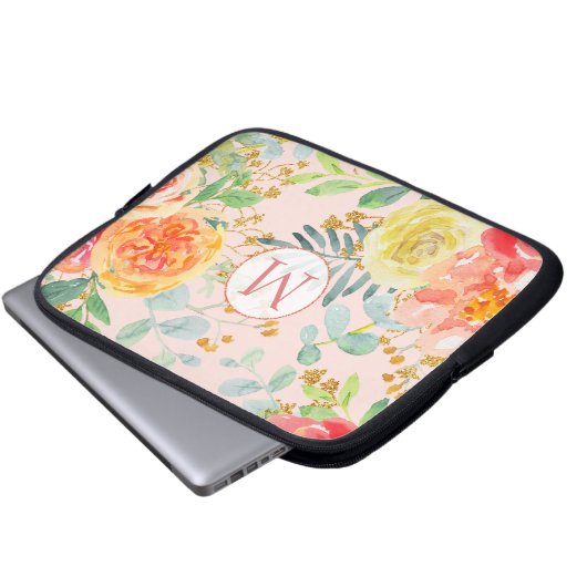 Eukalyptus-Glitzer Monogramm Laptopschutzhülle (Vorne Knopf)