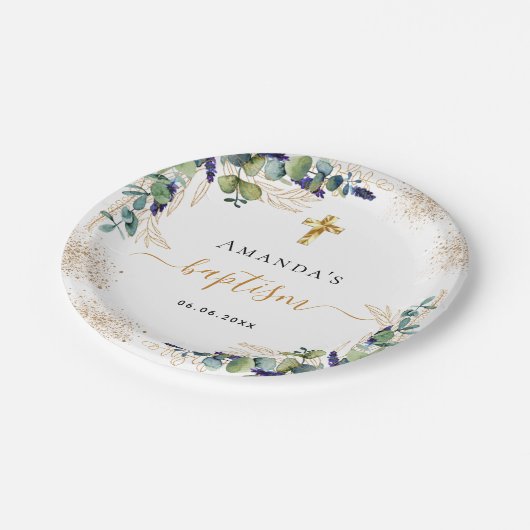 Eukalyptus-Glitzer Monogramm Pappteller (Schrägansicht)