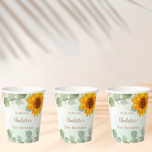 Eukalyptus-Glitzer-Sonnenblumenmonogramm Pappbecher