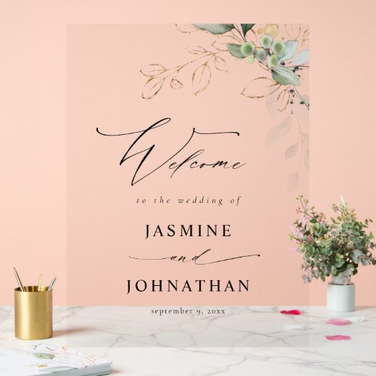 Eukalyptus Glow Gold Greenerity Wedding Willkommen Acrylschild (Hochzeit)