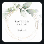 Eukalyptus Glow Gold Greenery Danke 2 Quadratischer Aufkleber<br><div class="desc">Dekorieren Sie Ihre Umschläge oder andere Gegenstände mit Ihrem Namen und modernen Eukalyptus Glow Gold Green Stickers. Optional Dankeschön Text.</div>