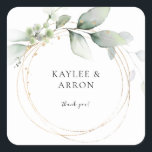 Eukalyptus Glow Gold Greenery Danke 2 Quadratischer Aufkleber<br><div class="desc">Dekorieren Sie Ihre Umschläge oder andere Gegenstände mit Ihrem Namen und modernen Eukalyptus Glow Gold Green Stickers. Optional Dankeschön Text.</div>