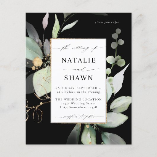 Eukalyptus Glow Gold Greenery Wedding Black Flyer (Vorne)