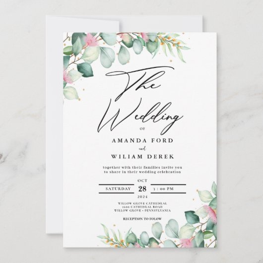 Eukalyptus Glow Greenery Moderne Hochzeitseinladun Einladung (Vorderseite)