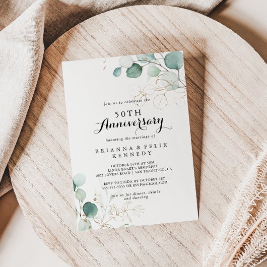 Eukalyptus Gold 50. Hochzeitstag Einladung