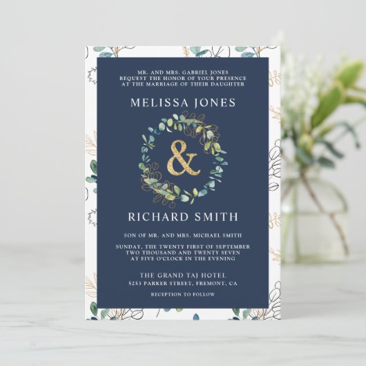 Eukalyptus Gold Ampersand QR Code Navy Hochzeit Einladung (Stehend Vorderseite)