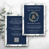 Eukalyptus Gold Ampersand QR Code Navy Hochzeit Einladung