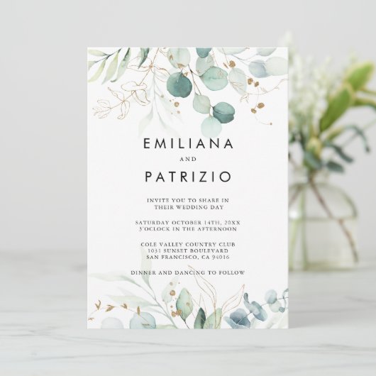 Eukalyptus Gold Back & Front Wedding Einladung (Stehend Vorderseite)