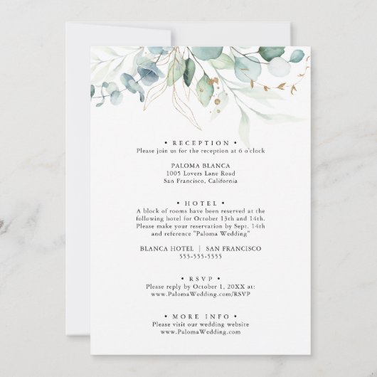 Eukalyptus Gold Back & Front Wedding Einladung (Rückseite)