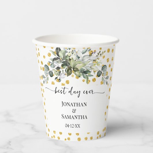 Eukalyptus Gold Best Day Ever Wedding Pappbecher (Vorderseite)