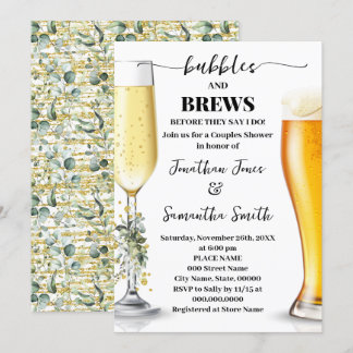 Eukalyptus & Gold Blasen und Brauspoppen Dusche Einladung