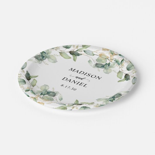 Eukalyptus-Gold-Blätter Hochzeit Pappteller (Schrägansicht)