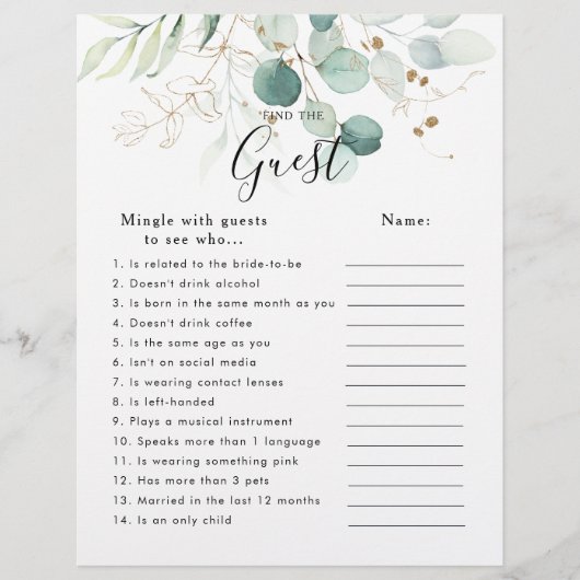 Eukalyptus Gold Brautparty Finden Sie das Game (Vorderseite)