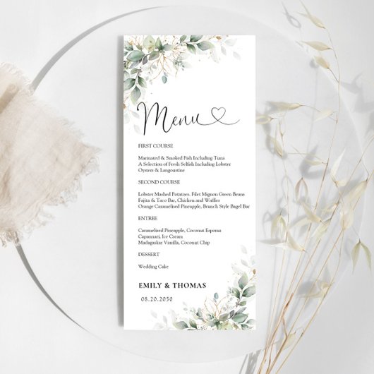 Eukalyptus Gold Brautparty Menu Menükarte
