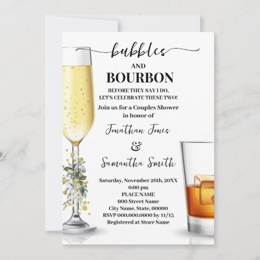 Eukalyptus Gold Bubbles & Bourbon Couples Dusche Einladung (Vorderseite)