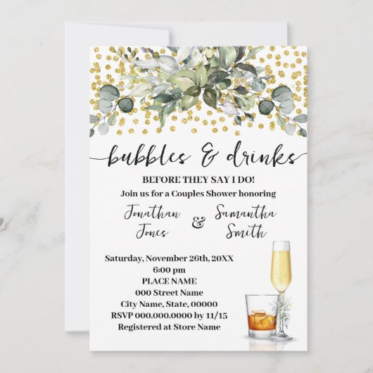 Eukalyptus Gold Bubbles & Drinks Brautparty Einladung (Vorderseite)