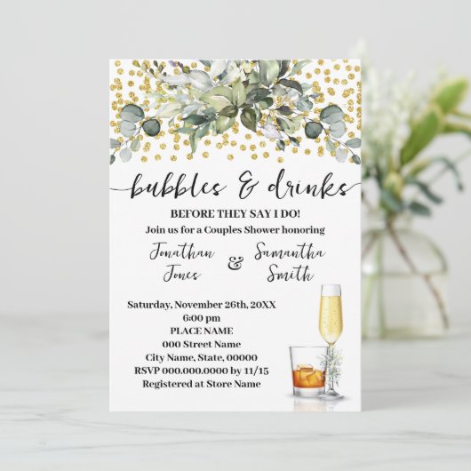 Eukalyptus Gold Bubbles & Drinks Brautparty Einladung (Stehend Vorderseite)