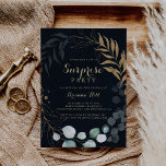 Eukalyptus Gold Calligraphy Blue Surprise Party Einladung<br><div class="desc">Diese eukalyptusgoldkalligrafie blauer Überraschungsblut Party Einladung ist ideal für einen einfachen Geburtstag,  Ruhestand oder ein überraschendes Party. Dieses künstlerische Design besticht durch handgezeichnet goldblütenfarbenes Eukalyptus-grünes Blattwerk in dunkelblauem Hintergrund,  schön in einem eleganten geometrischen Rahmen angeordnet.</div>