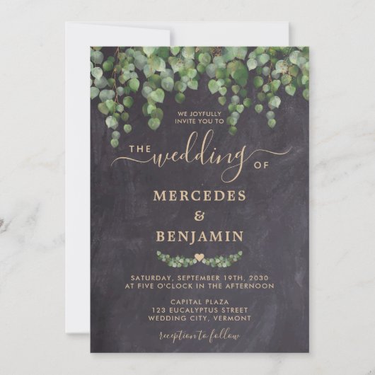 Eukalyptus Gold Chalkboard Wedding Einladung (Vorderseite)
