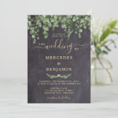 Eukalyptus Gold Chalkboard Wedding Einladung (Stehend Vorderseite)