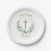 Eukalyptus Gold Cross Christening Pappteller (Vorderseite)