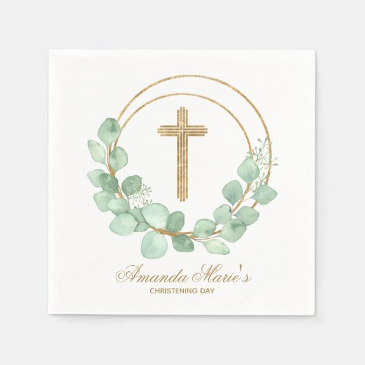 Eukalyptus Gold Cross Christening Serviette (Vorderseite)