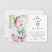 Eukalyptus Gold Cross Foto Taufe Dankeskarte (Vorderseite)