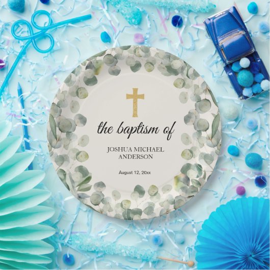 Eukalyptus Gold Cross Religiöse Taufe Pappteller (Party)