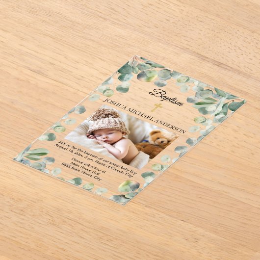 Eukalyptus Gold Cross Religious Baptism Foto Acryleinladungen (Ablage )