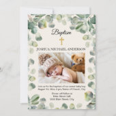 Eukalyptus Gold Cross Religious Baptism Foto Einladung (Vorderseite)