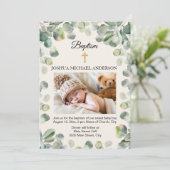 Eukalyptus Gold Cross Religious Baptism Foto Einladung (Stehend Vorderseite)