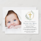 Eukalyptus Gold Cross Script Foto Taufe Einladung (Vorderseite)