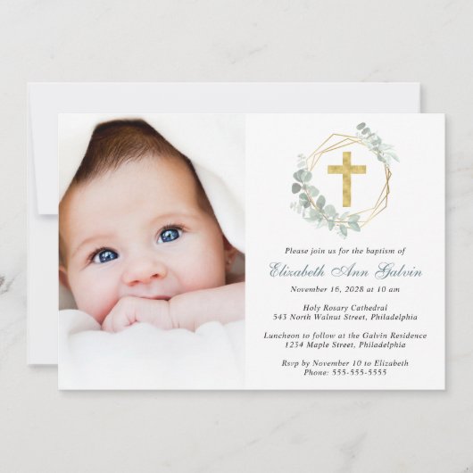 Eukalyptus Gold Cross Script Foto Taufe Einladung (Vorderseite)
