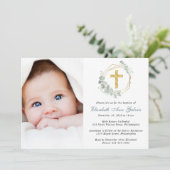 Eukalyptus Gold Cross Script Foto Taufe Einladung (Stehend Vorderseite)