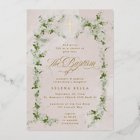 Eukalyptus Gold Cross Wreath Baptisse Einladung (Vorderseite)