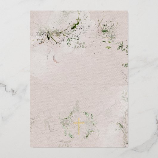 Eukalyptus Gold Cross Wreath Baptisse Einladung (Rückseite)