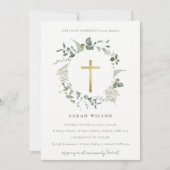Eukalyptus Gold Cross Wreath Erste Heilige Kommune Einladung (Vorderseite)