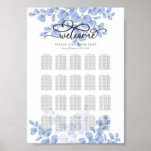 Eukalyptus Gold Dusty Blue Wedding Chart Poster (Vorne)