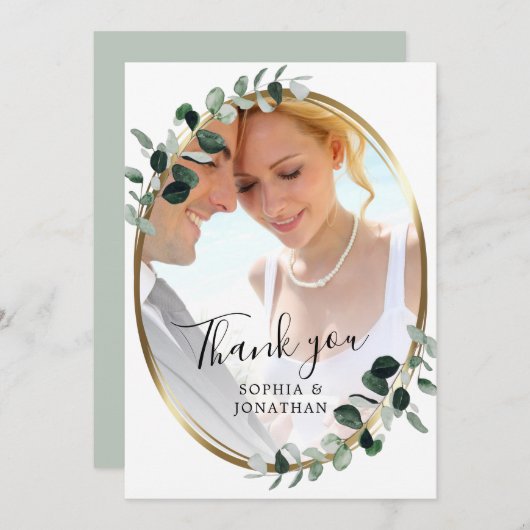 Eukalyptus Gold Elegante Script Foto Hochzeit Viel Dankeskarte (Vorne/Hinten)