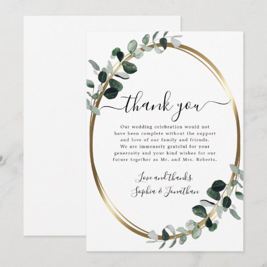 Eukalyptus Gold Elegante Script White Wedding Dankeskarte (Vorne/Hinten)
