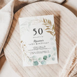 Eukalyptus Gold Floral 50. Geburtstagsparty Einladung<br><div class="desc">Diese rustikale eukalyptus gold florale 50. Geburtstagsfeier lädt zu einer einfachen Geburtstagsfeier ein. Dieses künstlerische Design besticht durch handgezeichnet goldblütenfarbenes Eukalyptus-grünes Blattwerk,  das schön in einem eleganten geometrischen Rahmen angeordnet ist.</div>