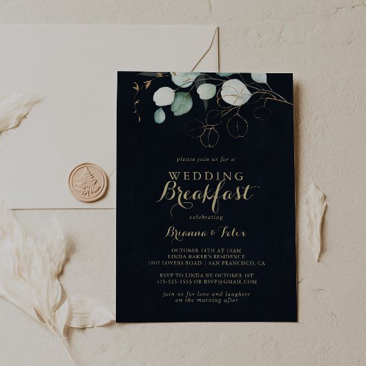 Eukalyptus Gold Floral Blue Wedding Breakfast Einladung