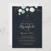 Eukalyptus Gold Floral Blue Wedding Breakfast Einladung (Vorderseite)