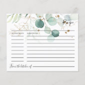 Eukalyptus Gold Floral Brautparty Rezept Karte (Vorderseite)