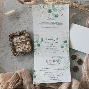 Eukalyptus Gold Floral Dreifach Gefaltete Einladung