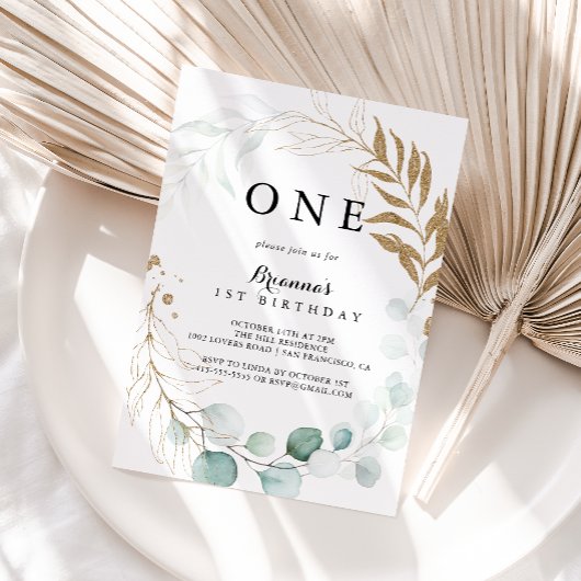 Eukalyptus Gold Floral Erster Geburtstag Einladung