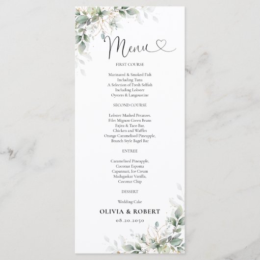 Eukalyptus Gold Floral Greenerity Wedding Menu Menükarte (Vorderseite)