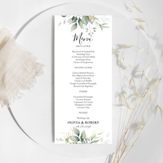 Eukalyptus Gold Floral Greenerity Wedding Menu Menükarte