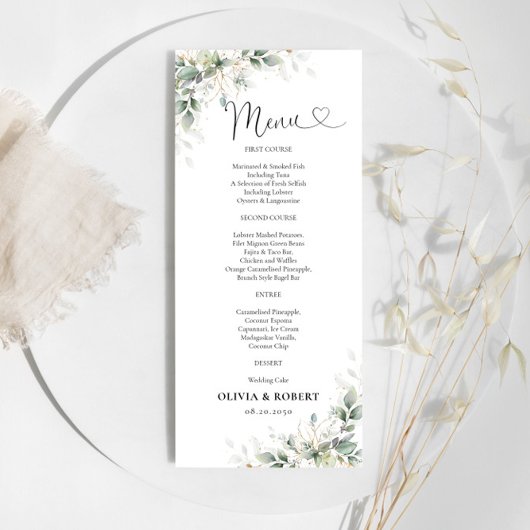 Eukalyptus Gold Floral Greenerity Wedding Menu Menükarte